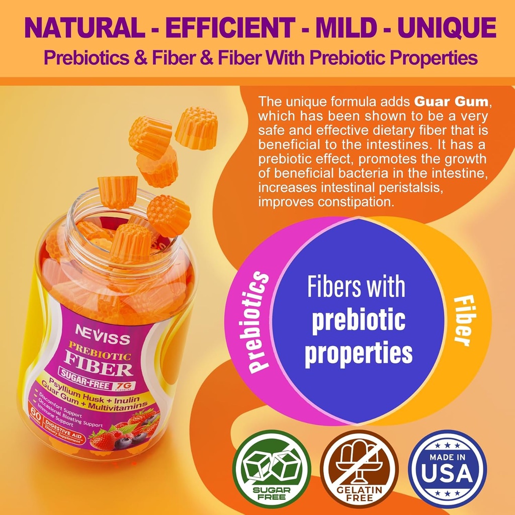 NEVISS Psyllium Husk Prebiotic Fiber Gummies - 7G Fiber with 2000mg Prebiotic Fiber Blend & Multivitamins - Inulin, Fos, Guar Gum & Multi Digestive Enzymes Vitamin Gummies Chewable 5