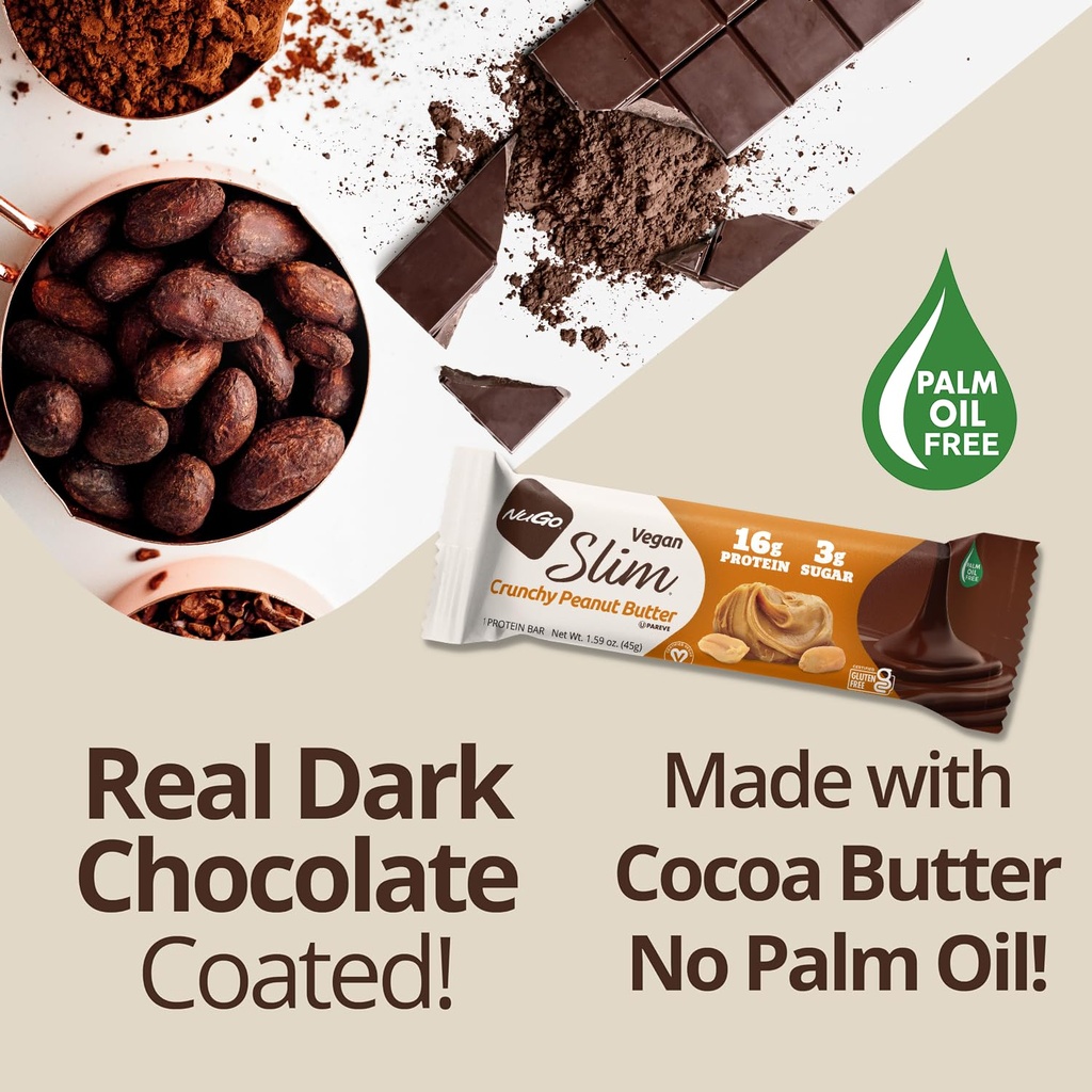 NuGo Slim Dark Chocolate Crunchy Peanut Butter, 17g Vegan Protein, 3g Sugar, 7g Fiber, 180 Calories, Low Net Carbs, Gluten Free, 12 Count 6