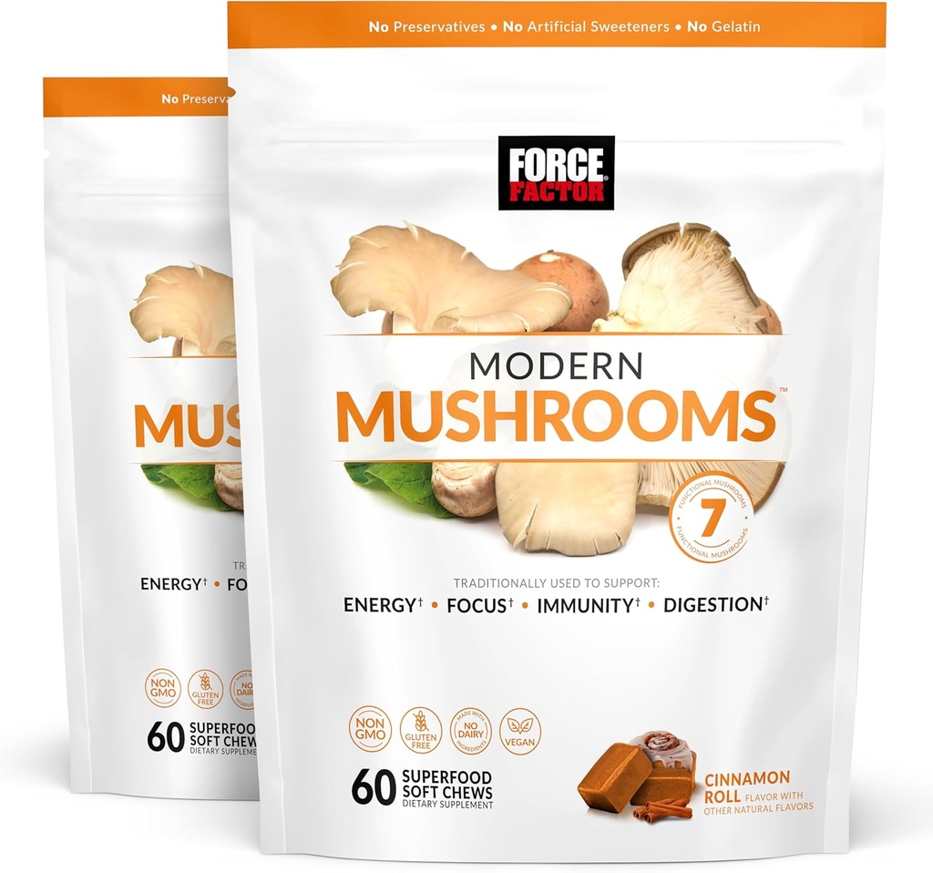 Force Factor Modern Mushrooms Soft Chews, Mushroom Supplement with Lions Mane, Turkey Tail, & Cordyceps to Support Energy, Immunity, & Digestion, Cinnamon Roll, 120 Soft Chews, 2-Pack 2