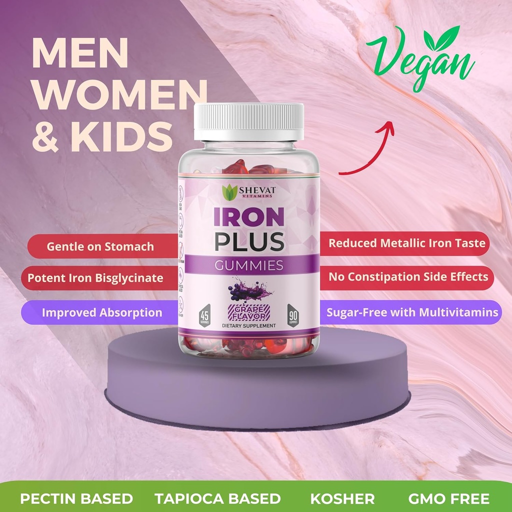 Made in USA 90 Iron Gummies For Women Anemia - Vegan, Gluten Free & Immune Support Iron Supplement Gummies (Grape) - Chewable Iron Gummies for Men - Kids iron Gummies for Kids with Vitamin C, A & Zinc 4