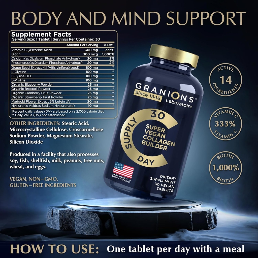 Vegan Collagen Supplements for Women and Men - Plant Based Collagen Boost Tablets - Beauty Booster Vegan Biotin, Hyaluronic Acid, Amino Acids, Organic Collagen Peptides - 30 Collagen Vegan Pills 5