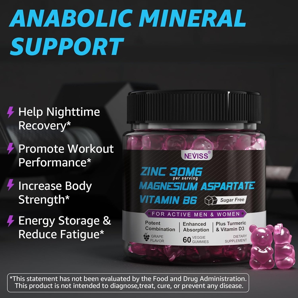 Zinc and Magnesium Supplement, Zinc Magnesium Aspartate Post Workout Gummies for Men Women, with Vitamin B6, B12, D3, Turmeric for Nighttime Recovery, Reduce Fatigue, Boost Immunity & Sleep, 60 Count 5