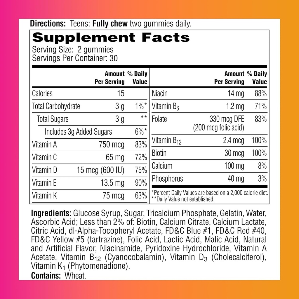ONE A DAY Teen for Her Multivitamin Gummies, Gummy Multivitamins with Vitamin A, C, D, E and Zinc for Immune Health Support, Physical Energy & More, 60 Count (Pack of 2) 3