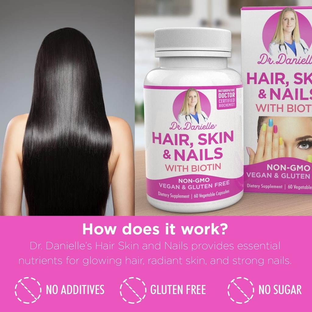 Doctor Danielle Hair Skin and Nails Vitamins for Women and Men– Biotin 5000 mcg Supplement to Support Normal Hair Growth and Glowing Skin, Organic Coconut Water, Rice Phytoceramides 3