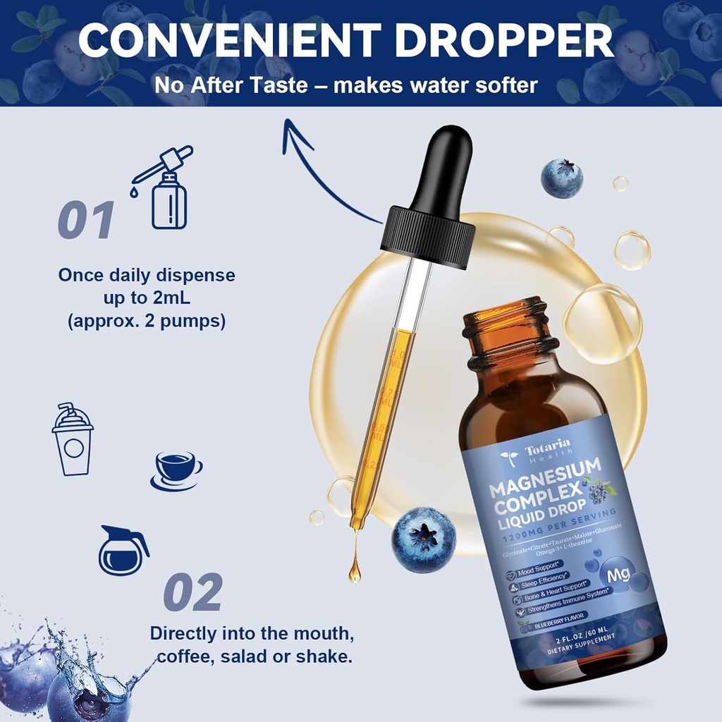 Magnesium Glycinate Liquid Drop 21 in 1 Magnesium Complex with Vitamin D3,K2,B6 & B12 Plus L-Theanine Omega-3 Sea Moss Extract for Energy,Sleep,Joint,Heart Health Sugar Free Blueberry Flavor,2 Fl Oz 6
