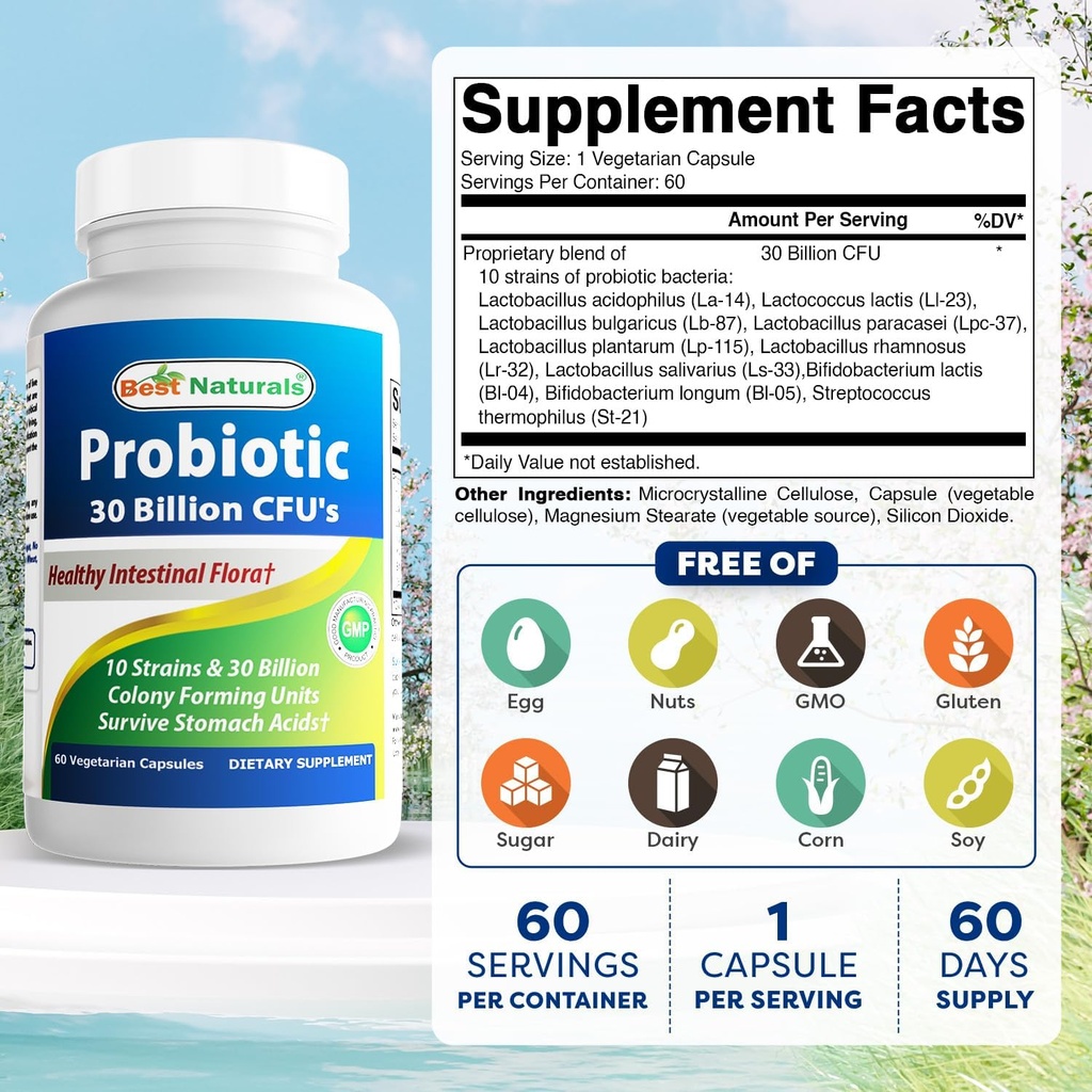 Best Naturals Probiotic 10 Strains & 30 Billion CFU Intestinal Flora, 60 Veggie Capsules (60 Count (Pack of 1)) 3