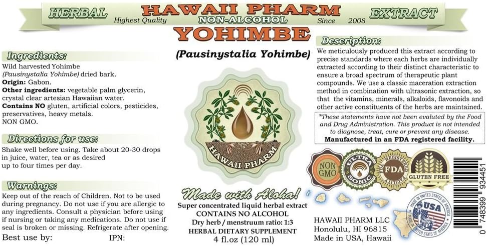 Hawaii Pharm Yohimbe Alcohol-Free Liquid Extract, Yohimbe Liquid (Pausinystalia Yohimbe) Dried Bark Glycerite Natural Herbal Supplement, USA 32 fl.oz 3