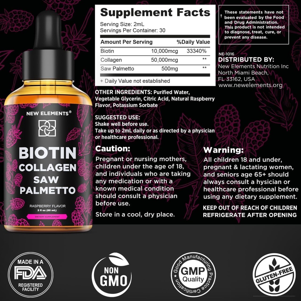 Liquid Biotin with Collagen & Saw Palmetto Extract for Women and Men | Hair Growth Supplement Drops | DHT Blocker | Prostate Support | Hair Skin and Nails Vitamins | Fast Absorption | Non-GMO 3