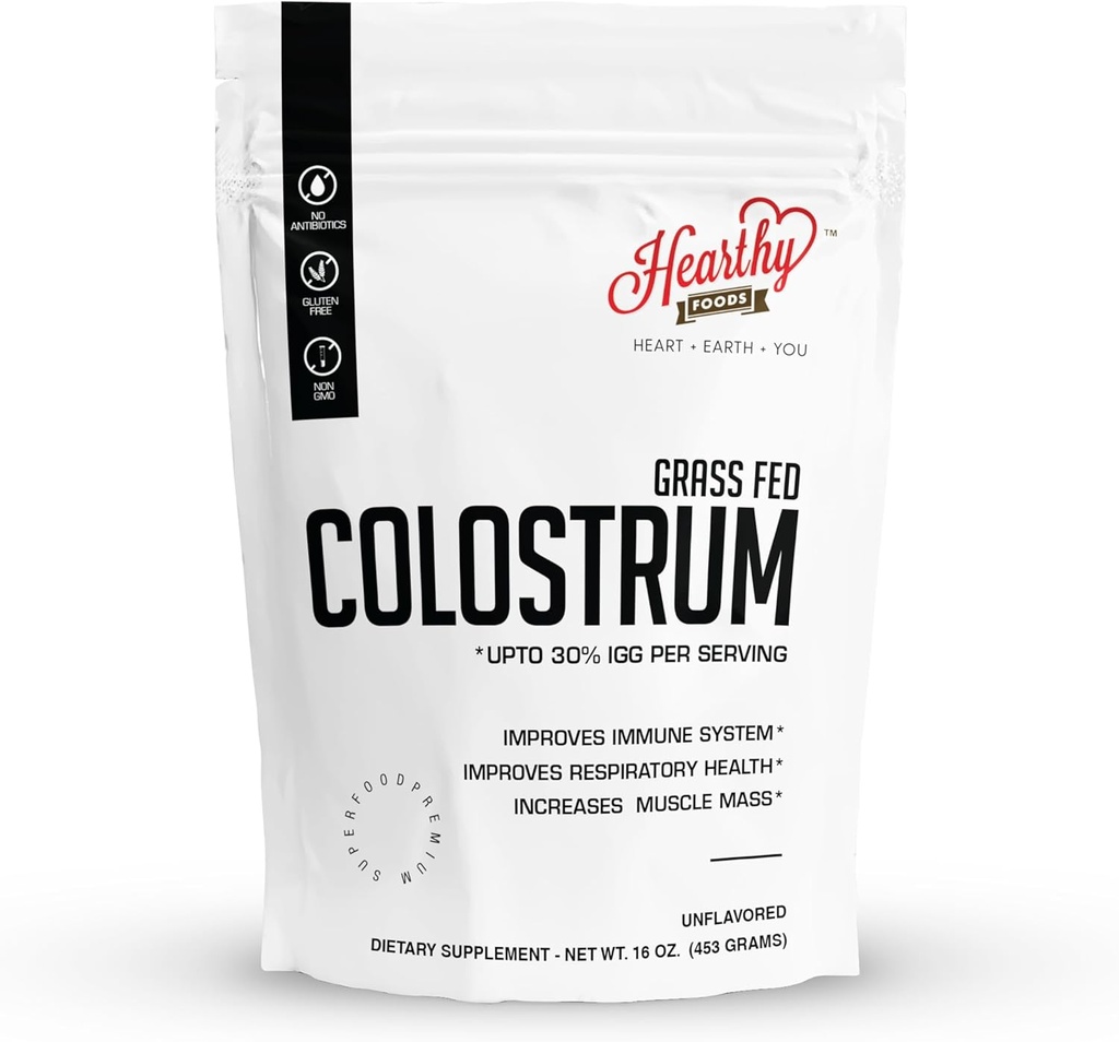 HEARTHY FOODS Bovine Colostrum Powder - Upto 30% IGG, 90 Servings, Leaky Gut Repair Supplements, Gut Health and Immune Support | Grass-Fed Halal Non GMO, Gluten Free 16Oz 454g 2
