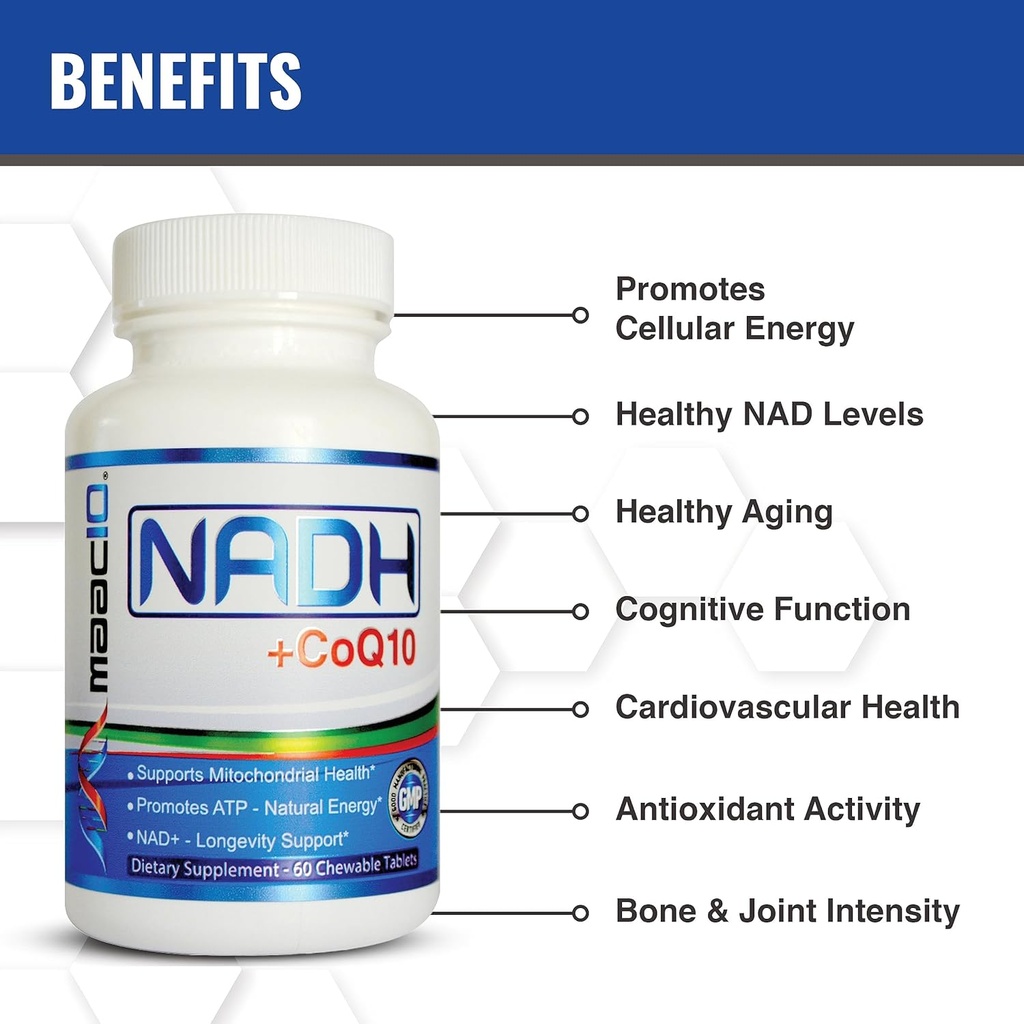 MAAC10 NADH + CoQ10 Chewable Tablets (3-Pack - 180 Tablets) | 50mg PANMOL® NADH + 100mg CoQ10 Supports Fatigue, Energy and NAD+, Non-GMO, Gluten Free, Vegetarian (3 Month Supply) 5