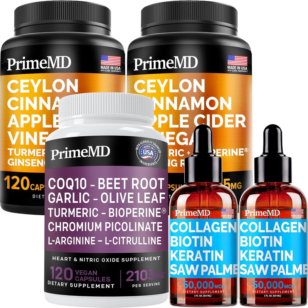 Liquid Collagen Biotin (2pk), Ceylon Cinnamon (2pk), and Nitric Oxide (1pk) Supplement Bundle - Potent Vitamins for Hair, Skin, Nails, Heart, Metabolism, & Lipid Support - Non-GMO, Vegan, Gluten-Free 2