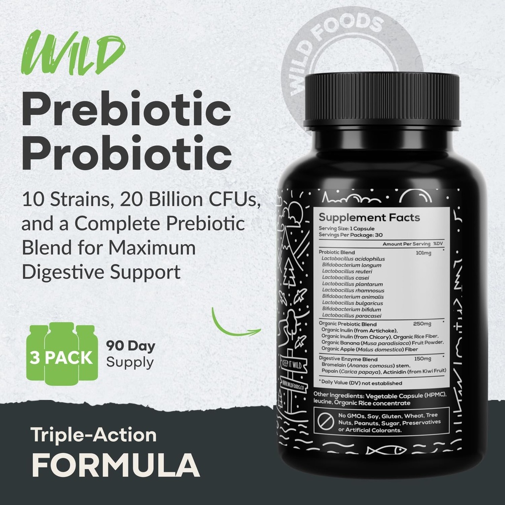 Wild Prebiotics and Probiotics with Digestive Enzymes | 20 Billion CFU - 10 Strains for Women & Men | Support Gut Health & Digestion Supplements | Non-GMO Prebiotic Fiber | 30 Count (Pack of 2) 5