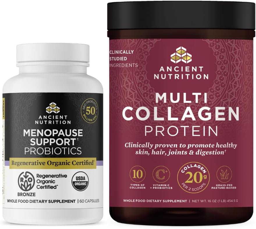 Ancient Nutrition Regenerative Organic Certified Probiotics for Menopause, 60 Count + Multi Collagen Protein Powder Unflavored, 45 Servings 2
