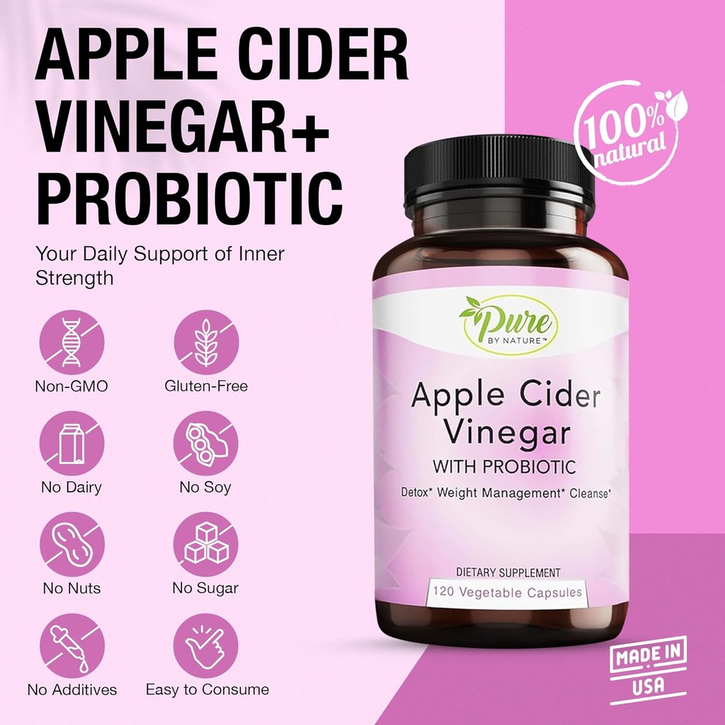 Pure By Nature Apple Cider Vinegar + Probiotic for Women & Men, Raw Apple Cider Vinegar Pills for Weight Management Support & Cleanse Support (120 Capsules) 4
