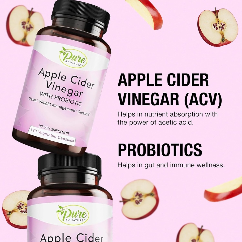 Pure By Nature Apple Cider Vinegar + Probiotic for Women & Men, Raw Apple Cider Vinegar Pills for Weight Management Support & Cleanse Support (120 Capsules) 5