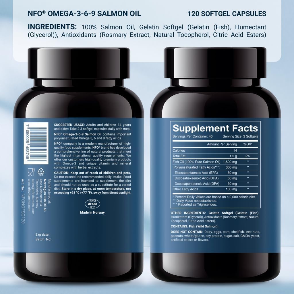 NFO Omega 3 6 9 Salmon Oil [120 Mini Softgels] Premium Norwegian Omega 369 Fish Oil Capsules, High-Potency EPA, DHA & DPA in Natural Triglyceride Form, Fishoil Complex with Amino Acids 3