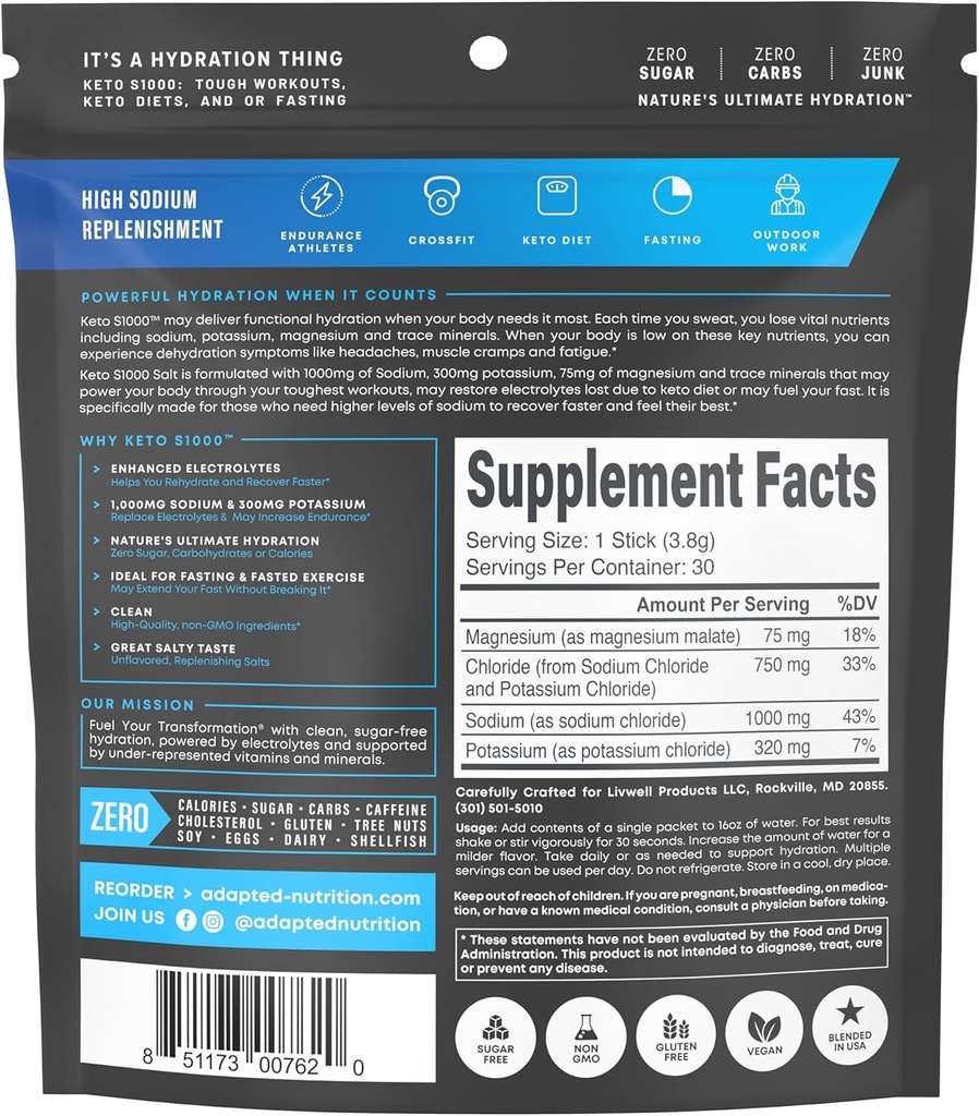 Keto S1000 Electrolyte Powder Packets | Keto and Paleo Friendly | No Sugar, Calories, Maltodextrin | Clean | 30 Unflavored Salt Hydration Stick Packs 4