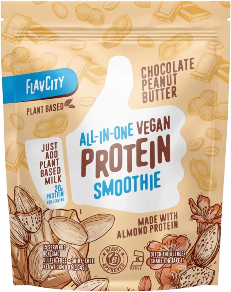 FlavCity Vegan Protein Powder - Chocolate Peanut Butter - 20g Almond, Plant Based Protein Powder - Dairy-Free Shake - With Organic Fruit, Reishi & Cordecyps Mushrooms - No Blender Needed (15 Servings) 2