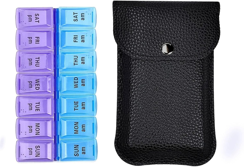 VOFOON Travel Pill Organizer 2 Times a Day, PU Leather Portable Pill Case for Women/Men, 7 Day AM PM Pill Box with Travel Pouch Medicine Organizer for Vitamins Medicine Fish Oils Supplements (Small) 2