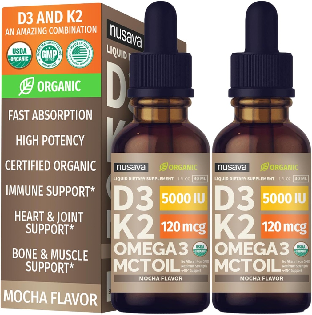 (2 Pack) Organic Vitamin D3 K2 Drops with MCT Oil Omega 3, 5000 IU, Maximum Strength Vitamin D Liquid, No Fillers, Non-GMO Liquid D3 for Faster Absorption and Immune Support (Mocha, 2 Fl Oz) 2