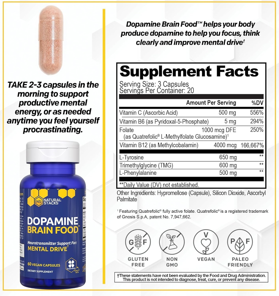 NATURAL STACKS Dopamine & GABA Brain Food Bundle - Supports Mental Drive, Calmness & Relaxation* - 120 Total Capsules 6