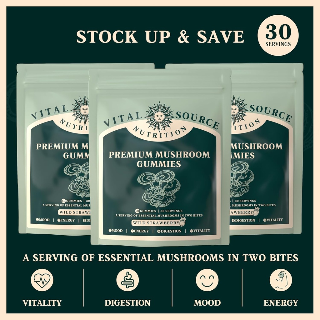 Vital Source Nutrition - Premium Mushroom Gummies - Vitality, Digestion & Energy Support - 10 Types of Premium Mushrooms - Vegan, Gluten-Free & Halal - Wild Strawberry - 60 Gummies - 30 Servings 4