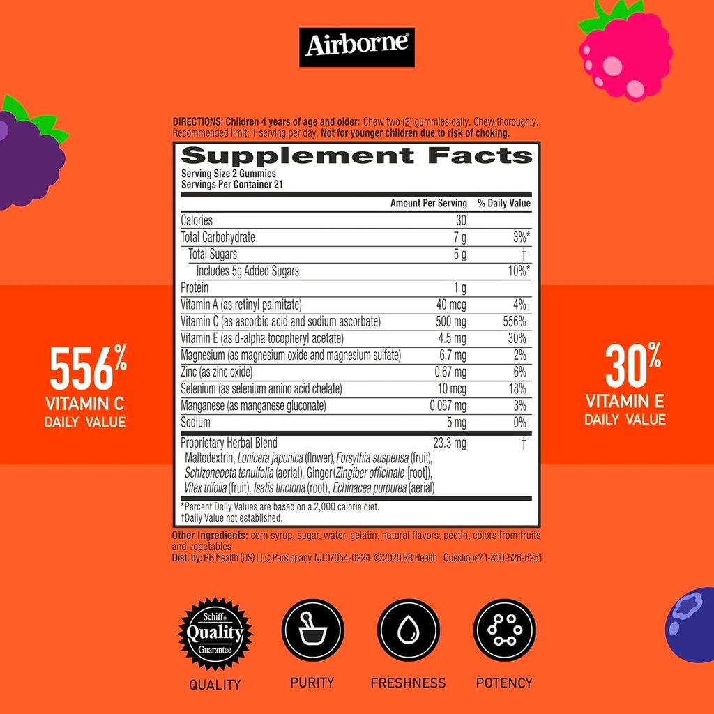 Airborne Vitamin C 500mg (per Serving) Kids Assorted Fruit Flavored Gummies (42 Count in a Bottle), Gluten-Free Immune Support Supplement with Vitamins A C E, Selenium, Echinacea & Ginger 4