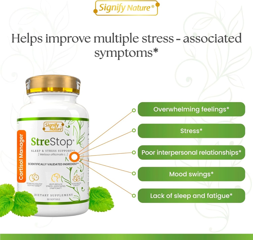 SIGNIFY NATURE StreStop – cortisol Manager – Adrenal Fatigue Supplements – cortisol Health – Adrenal Cortex – Lemon Balm – Adrenal Restore - Serotonin Booster 5