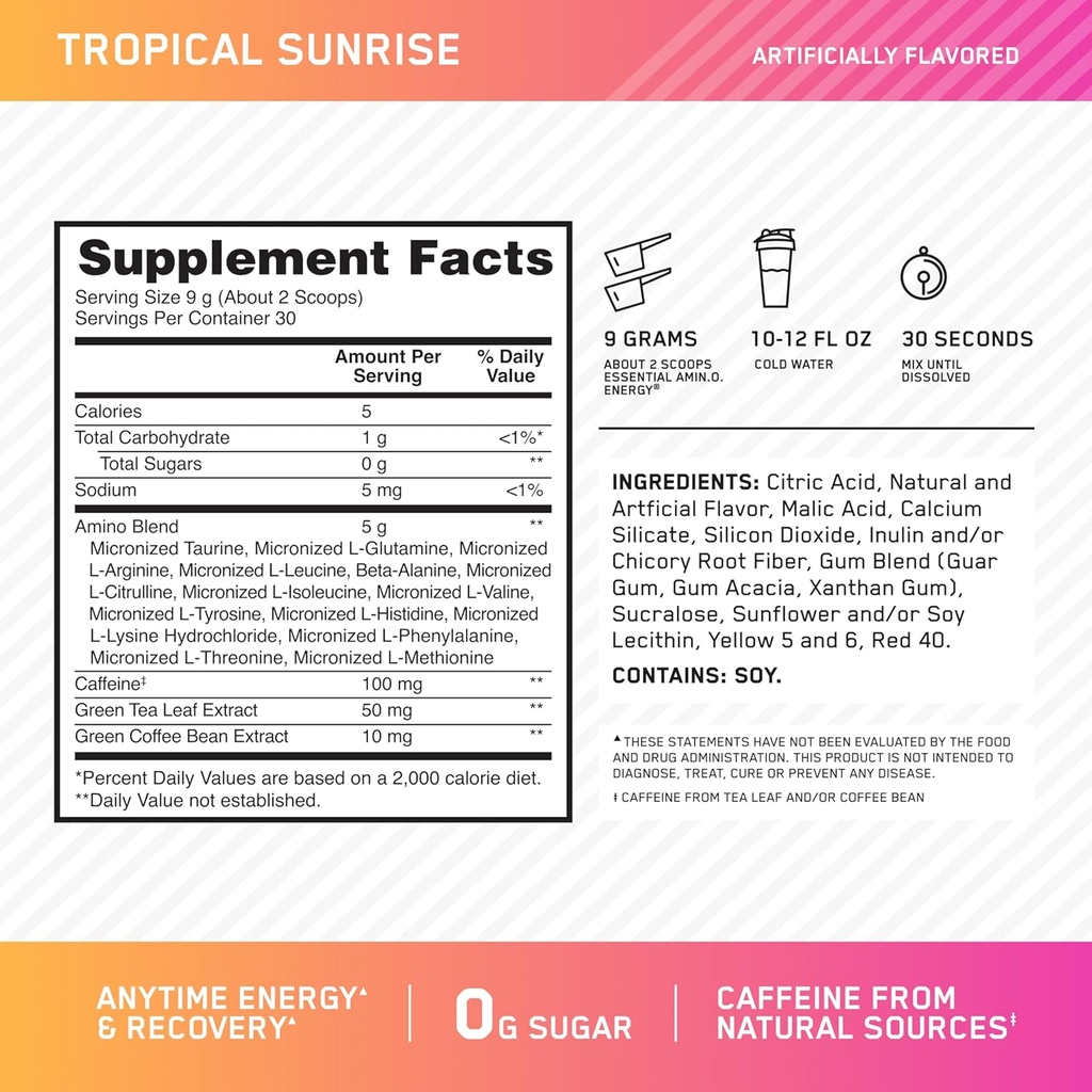 Optimum Nutrition New Flavor Amino Energy - Pre Workout with Green Tea, BCAA, Amino Acids, Keto Friendly, Green Coffee Extract, Energy Powder - Tropical Sunrise, 30 Servings (Packaging May Vary) 4