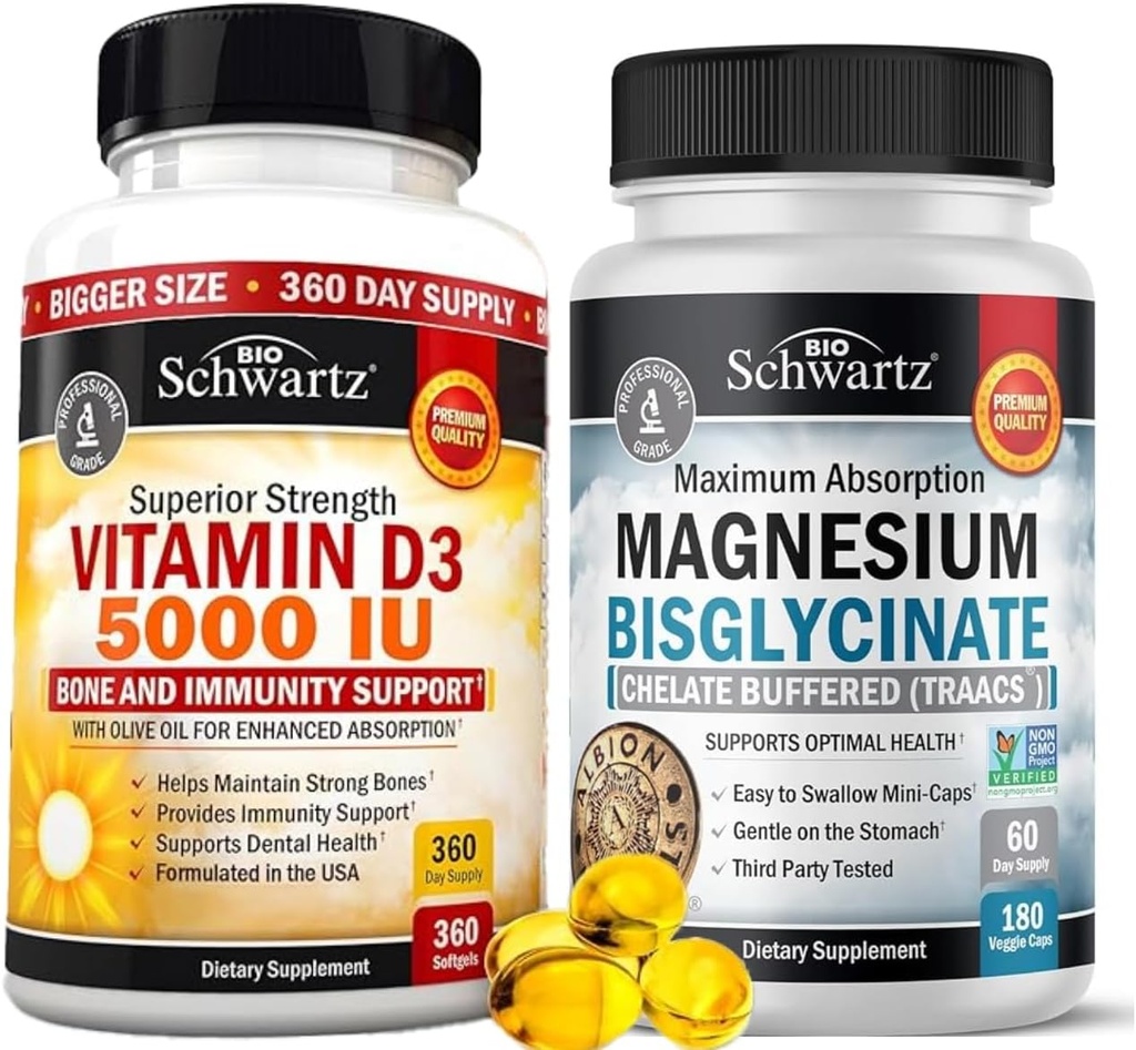 High Strength Vitamin D3 5000 IU 125 mcg (1 Year Supply) Plus High Absorption Magnesium Bisglycinate Capsules (2 Month Supply) 2
