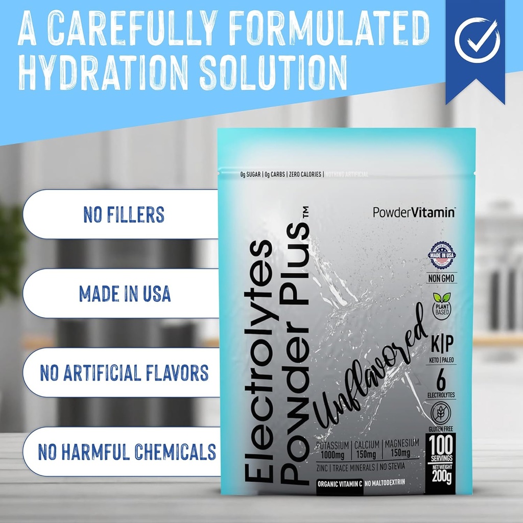 PowerVitamin Unflavored Electrolytes Powder No Sugar for Daily Energy - Keto Electrolytes - Hydration Powder with 1000mg Potassium, 120mg Calcium, Magnesium, No Stevia, 100 Servings 5