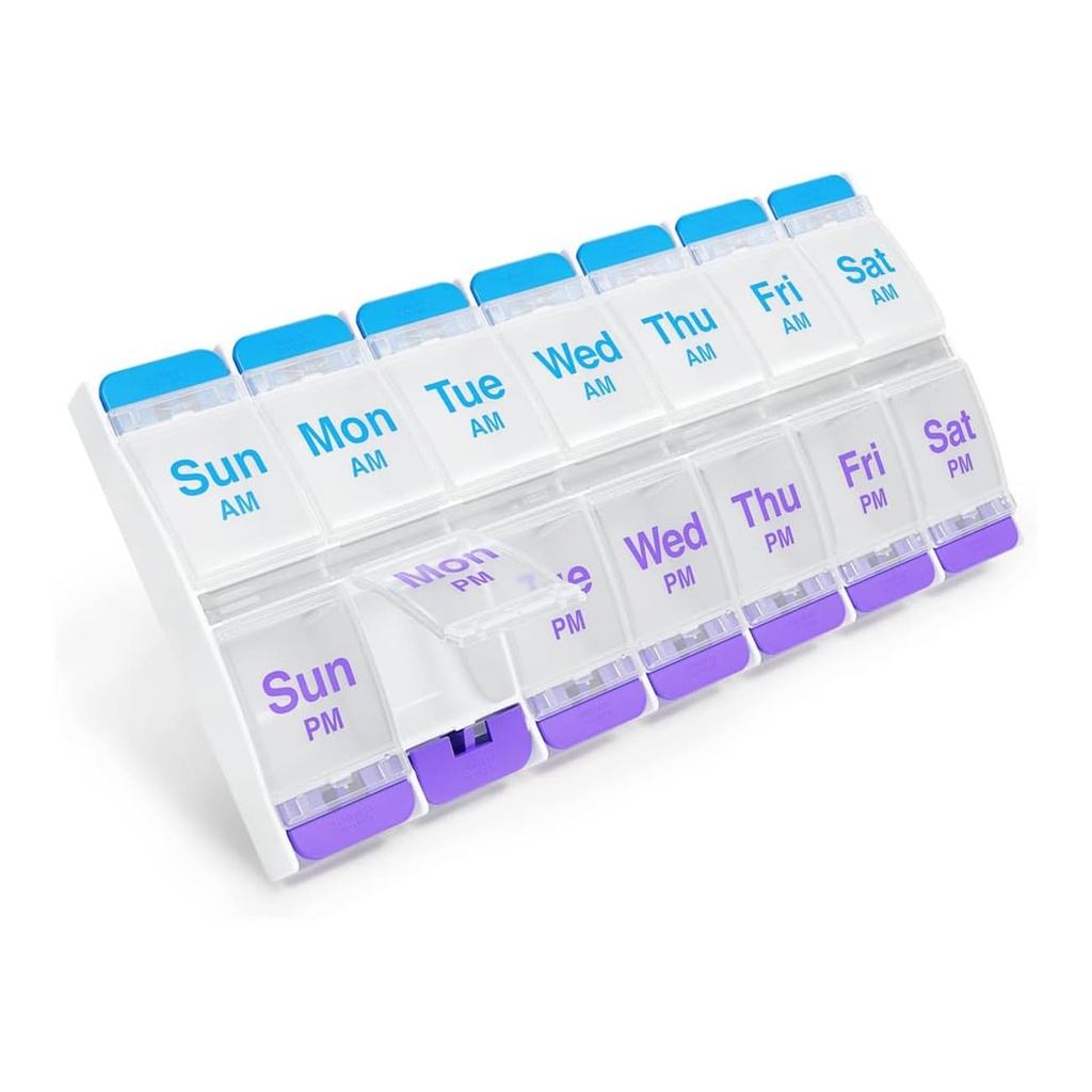 EZY DOSE Push Button (7-Day) Pill Case, Medicine Planner, Daily Vitamin Organizer, 2 Times a Day AM/PM, X-Large Compartments, Arthritis Friendly, Easy to use, Clear Lids, Purple and Blue, BPA Free 2