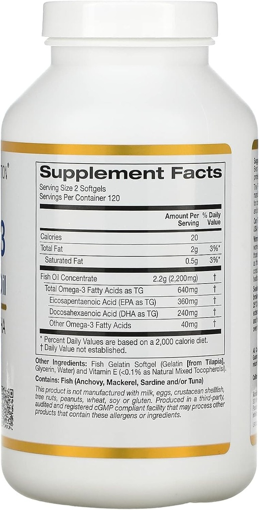California Gold Nutrition Premium Fish Oil, Omega-3, 180 mg EPA, 120 mg DHA, Concentrated Triglyceride Form, 240 Fish Gelatin Softgels, 2 Pack 4