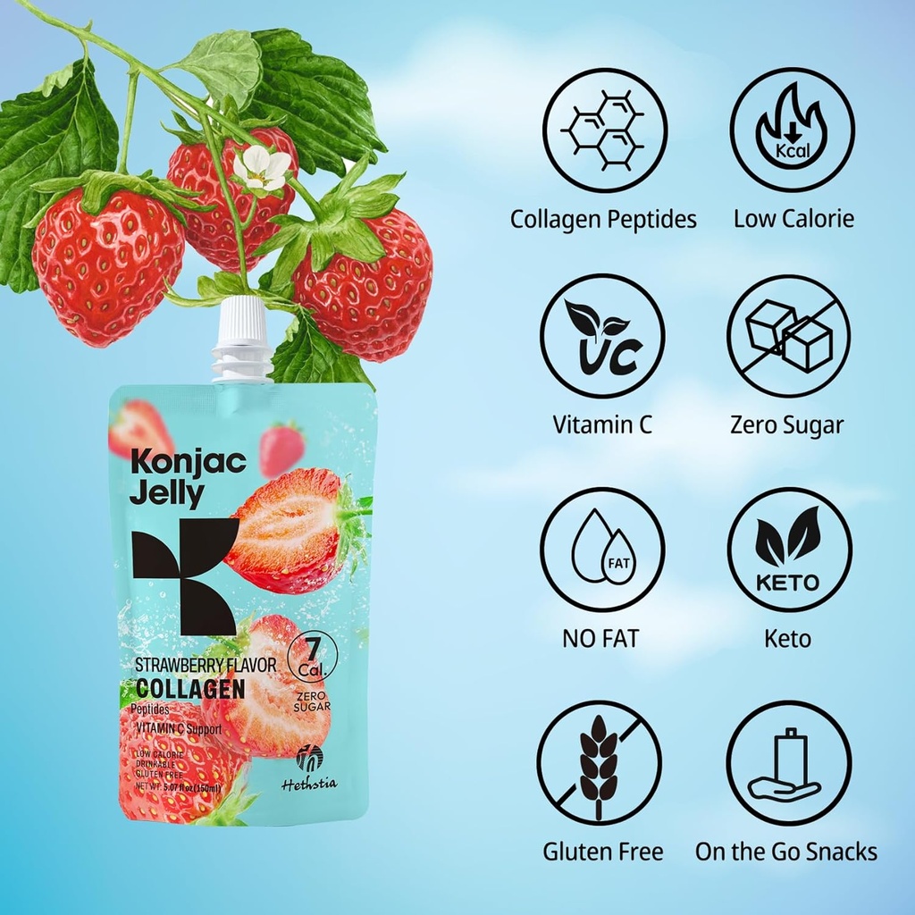 Hethstia Konjac Jelly Strawberry Flavor with Collagen Peptides 10 Packs and Konjac Angel Hair Gluten Free 12 Packs Low Calorie, Keto, Sugar Free, Healthy Food 3
