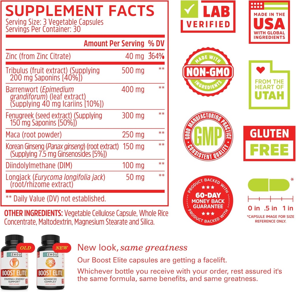 Zhou Boost Elite - Energy Supplement, Natural Muscle Support Pills for Men with Tribulus, Fenugreek, Ginseng, and Maca - 90 Veggie Capsules 3