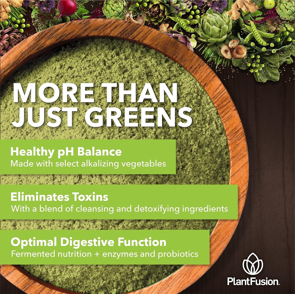 PlantFusion Alkalizing Super Greens Powder - Fermented Greens Superfood Powder Blend with Digestive Enzymes Probiotics & Prebiotic Fiber - Organic, Non-GMO, Vegan, Gluten-Free - 8.46 oz 30 Servings 4