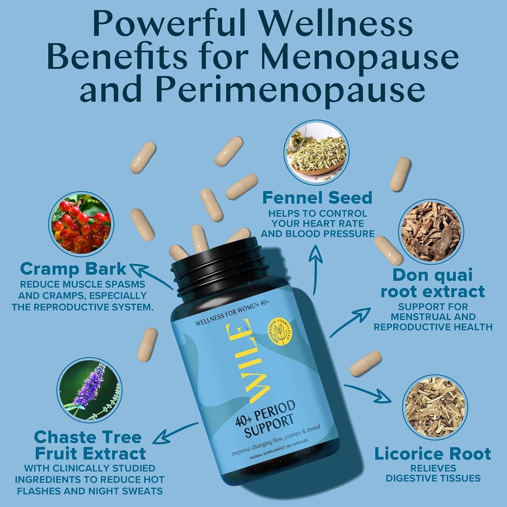 WILE Menopause and Perimenopause Supplements for Women - Menstrual Cramp, PMS and Heavy Period Relief with Dong Quai - Premenopausal Support for Hormone Balance & Improved Mood, Vegan, 30 Servings 4