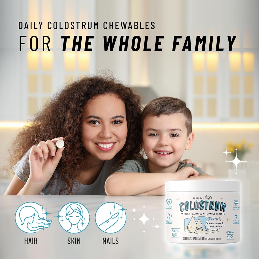 Legendairy Milk Colostrum Supplement - Premium Bovine Colostrum for Humans - 50% IgG Immunoglobulin for Immune Support & Gut Health - Energy & Muscle Recovery - Vanilla Chewable Tablets, 30 Servings 4