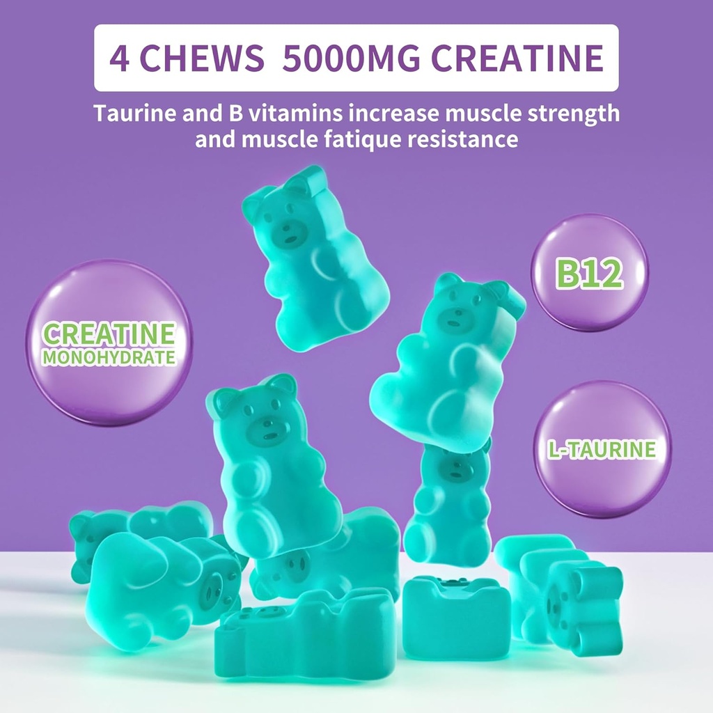 novomins Creatine Monohydrate Gummies for Men & Women, Chewables Creatine Monohydrate for Muscle Strength, Muscle Builder, Energy Boost, Pre-Workout Supplement(180 Count)-Blueberry Flavor. 2 Pack 4