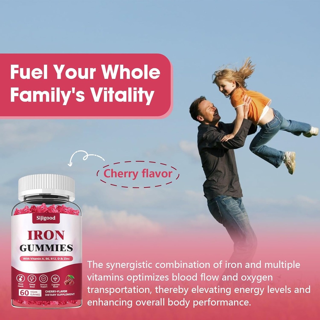 Vegan Iron Supplement for Women, with Vitamin A, C, B6, B12, Folate and Zinc, Energy Boost, Sugar Free, No After Taste - Delicious Cherry Flavor, 60 Count 6