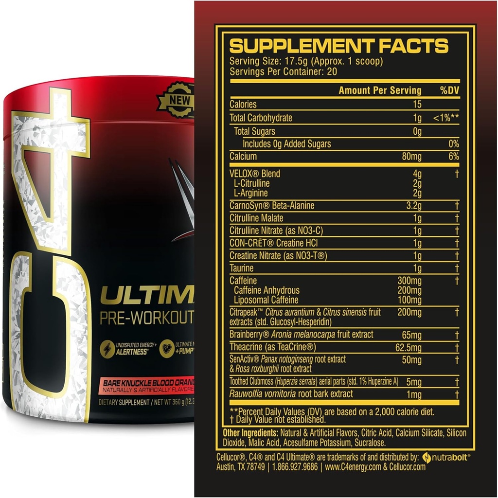Cellucor C4 Ultimate Pre Workout Powder Bare Knuckle Blood Orange - Sugar Free Preworkout Energy Supplement for Men & Women - 300mg Caffeine + 3.2g Beta Alanine + 2 Patented Creatines - 20 Servings 4