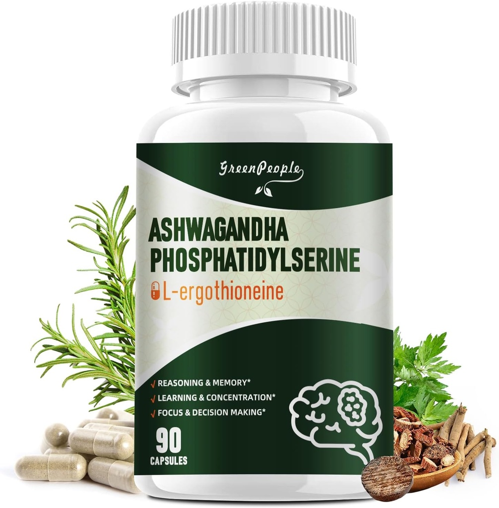 GREENPEOPLE L-Ergothioneine 25MG Complex Capsules - 90 CT 9 in1 Brain Supplement with Ashwagandha & Phosphatidylserine for Reasoning & Memory/Learning & Concentration/Focus 2
