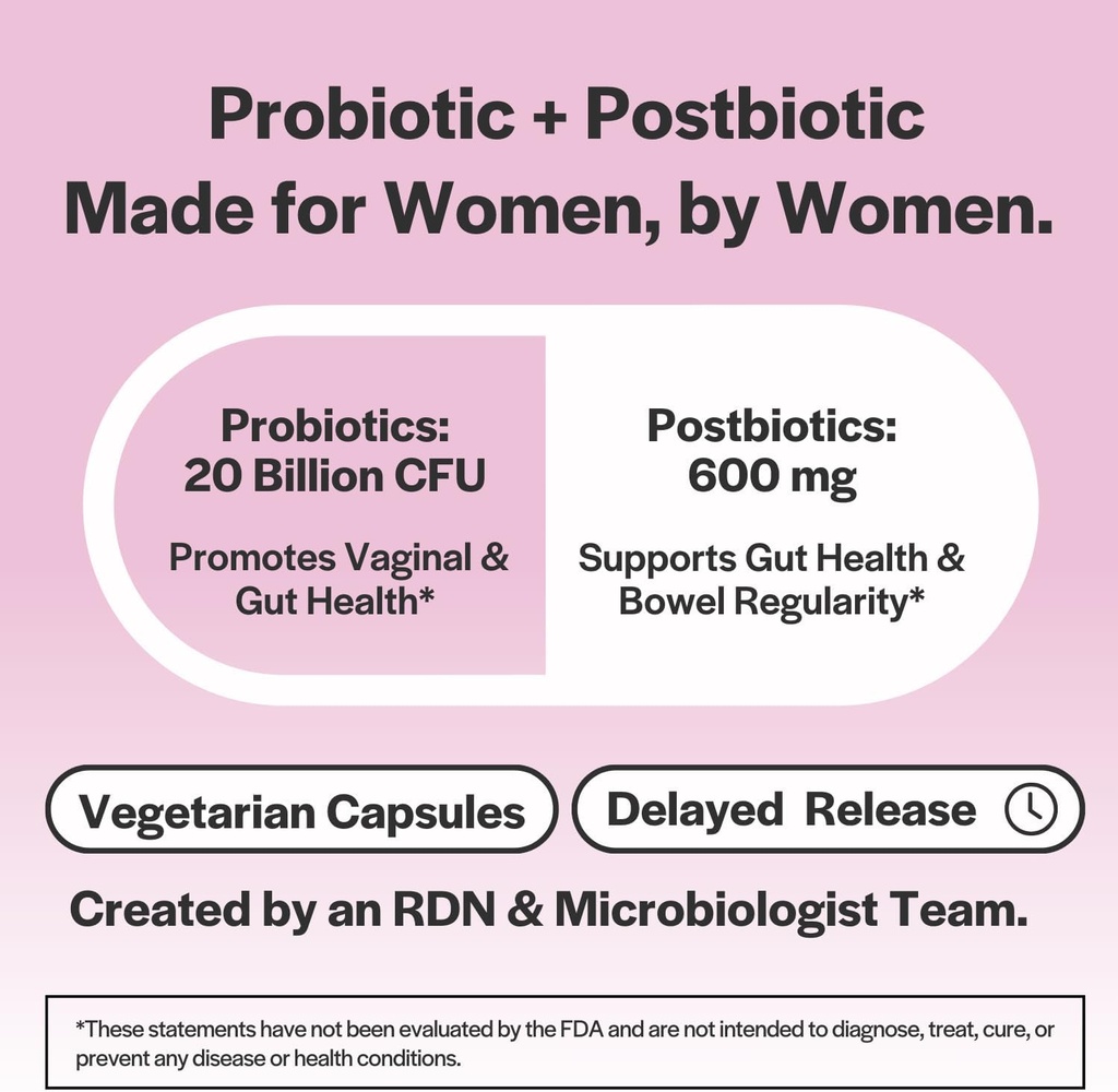 Postbiotic and Probiotics for Women Digestive Health & Vaginal Nutritional Supplements | 20 Billion CFU | 10 Billion CFU Per Capsule | 8 Unique Strains Per Serving | Delayed Release | 30 Servings 5