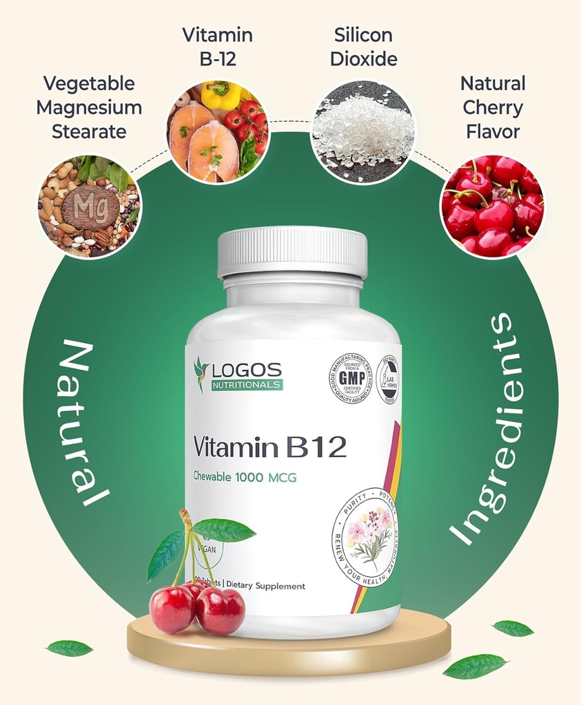 Chewable Vitamin B-12 1000 Mcg | Supports Healthy Brain Function & Memory | Cherry-Flavored B12 Methylcobalamin Supplement for Hair, Skin & Nails - 100 Tablets 4