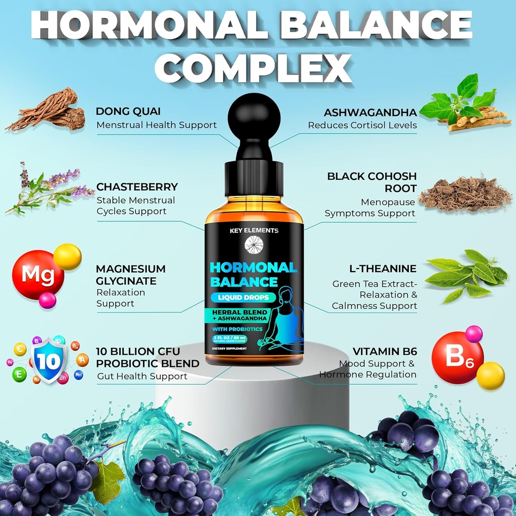 Liquid Hormone Balance Supplements for Women & PMS Relief - Menopause Support PMS Vitamins Menstrual Cramp Relief - PMS Supplements Chasteberry, Black Cohosh for Hot Flashes, Dong Quai & Probiotic 4