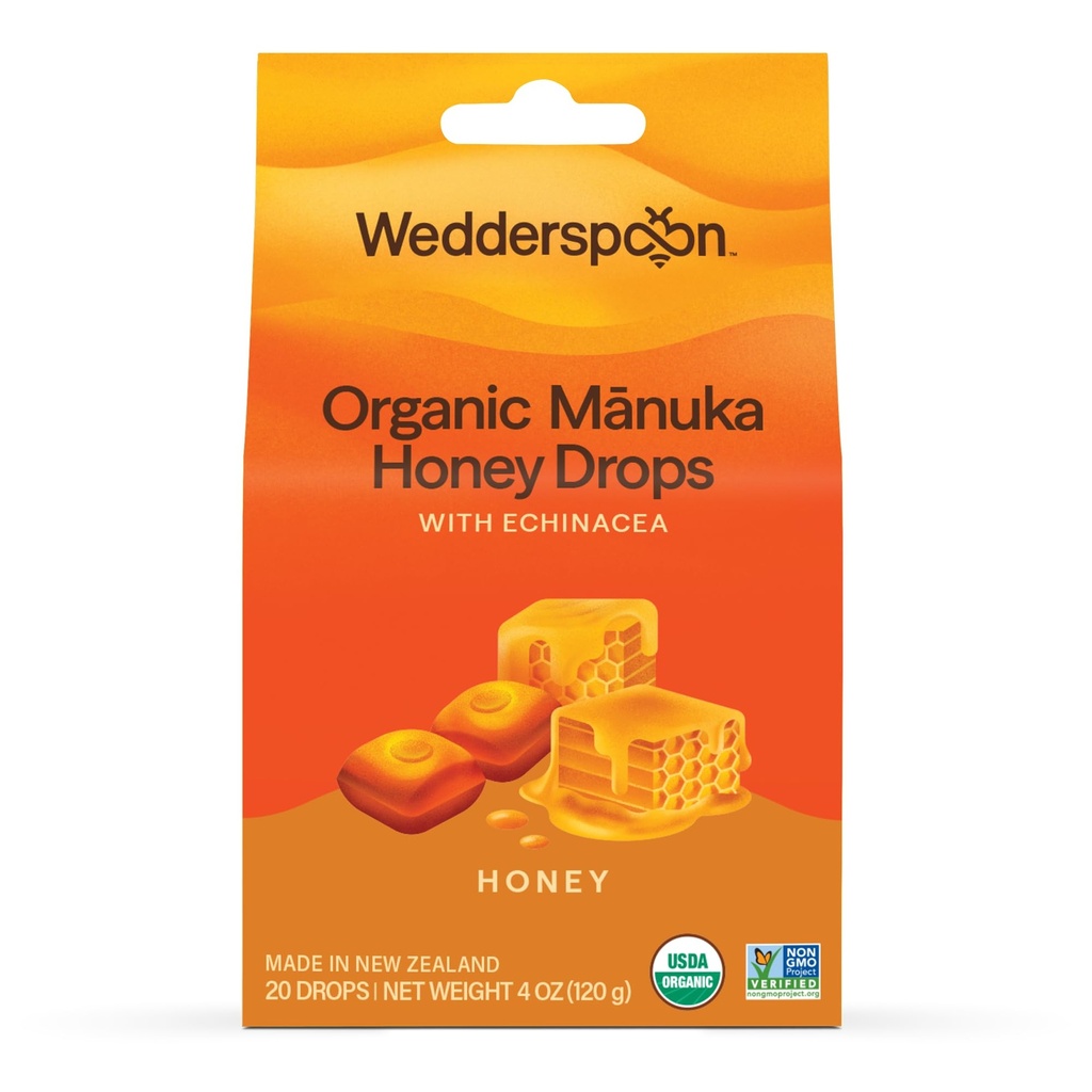 Wedderspoon Bio Manuka Honig Tropfen, Honig & Echinacea, 20 Count (Pack von 1) | Echte neuseeländische Honig | Perfekte Remedy für trockene Bedrohungen