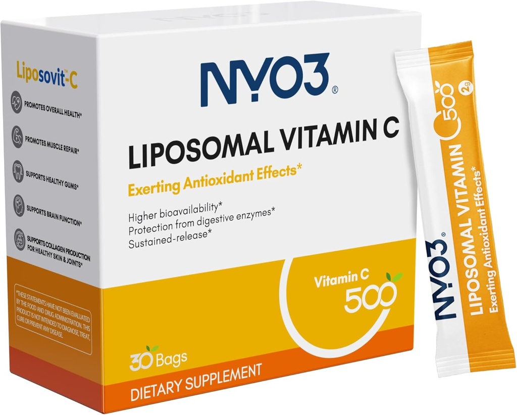 NYO3 Liposomal Vitamin C Powder, Supports Immune System & Collagen Booster, Powerful Antioxidant, Improve Skin Health, Gluten-Free, High Absorption Vitamin C, 500mg, 30 Count