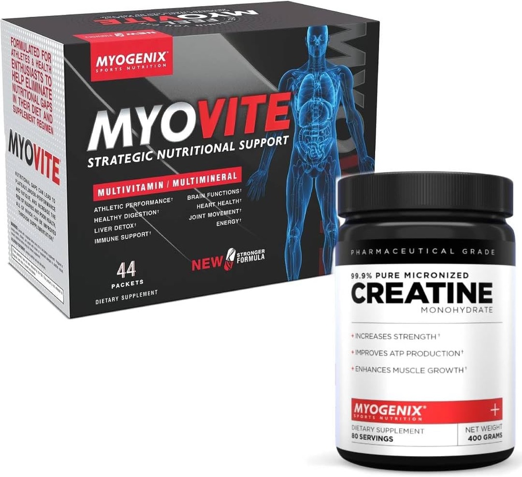 Myogenix Myovite Multivitamin & Creatine Monohydrat Bundle – Komplette tägliche Ernährung & Pure Strength Support – Kraftstoffenergie, Muskelwachstum, Endurance & Recovery