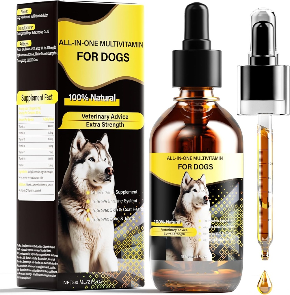 Hund Multivitamin Flüssigkeit, 13-In-1 Hunde Vitamine extra Stärke zu verbessern Hunde Verdauung, Immun, Haut, Mantel, Knochen, Gelenke Gesundheit, 60 Ml Natur Hund Vitamine und Ergänzungen für alle Altersgruppen Rassengrößen Hund