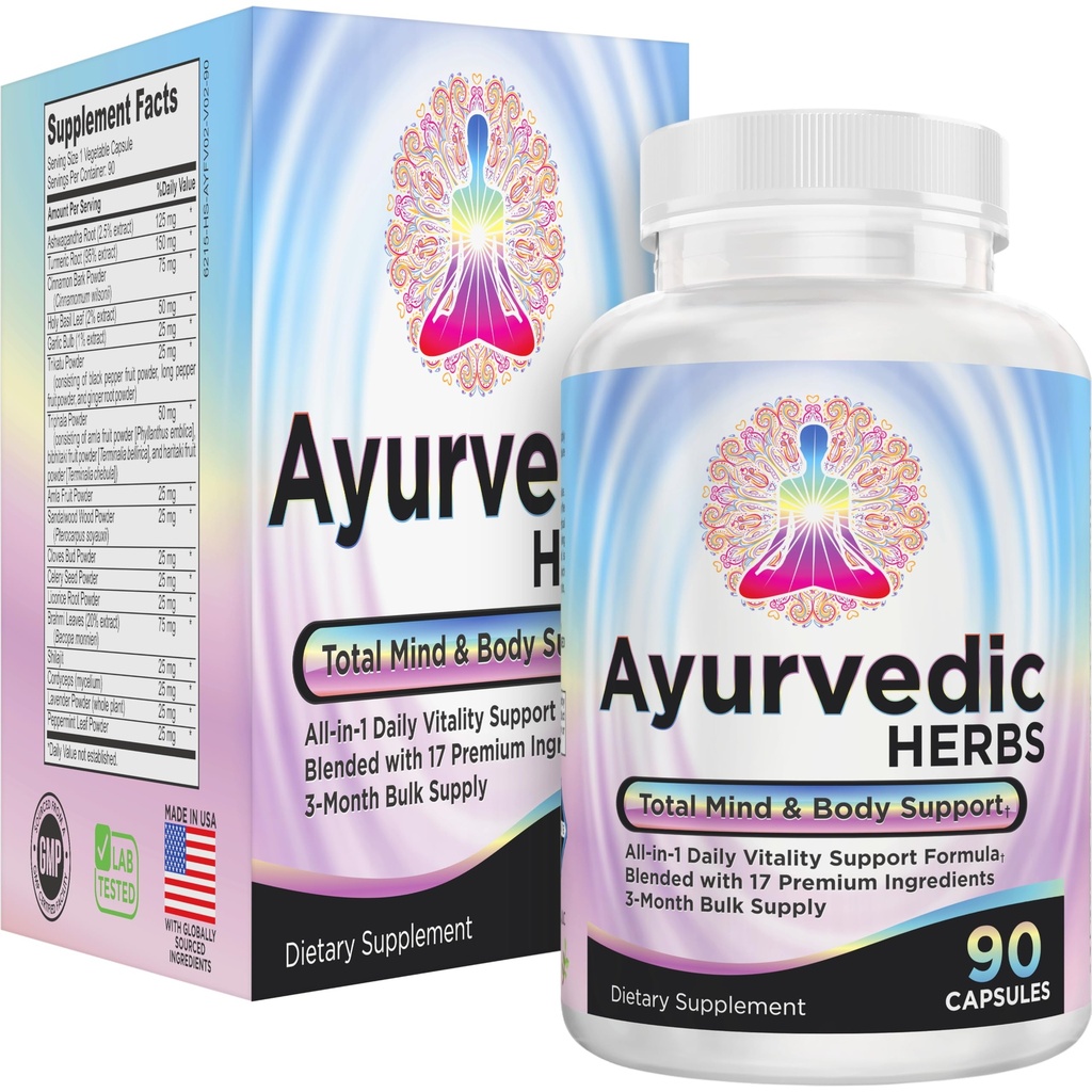 AYURVEDIC Kräuter 3-Monats-Versorgung (All-in-1) Ergänzung Blend | Ayurveda Geist Körper Geist Kräuter-Komplex mit 17 aktiven Zutaten | Ayurvedische Ergänzungen | 90 Kapseln